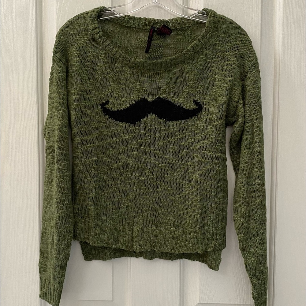 Heart N Crush Green Lightweight Long Sleeve Sweater With Mustache Graphic - Picture 2 of 15